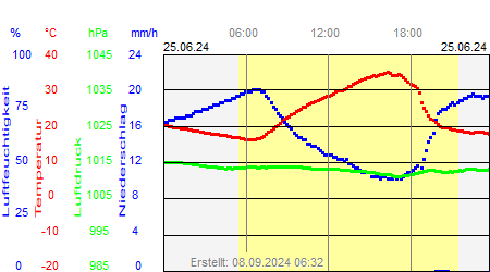 Grafik der Wettermesswerte vom 25. Juni 2024